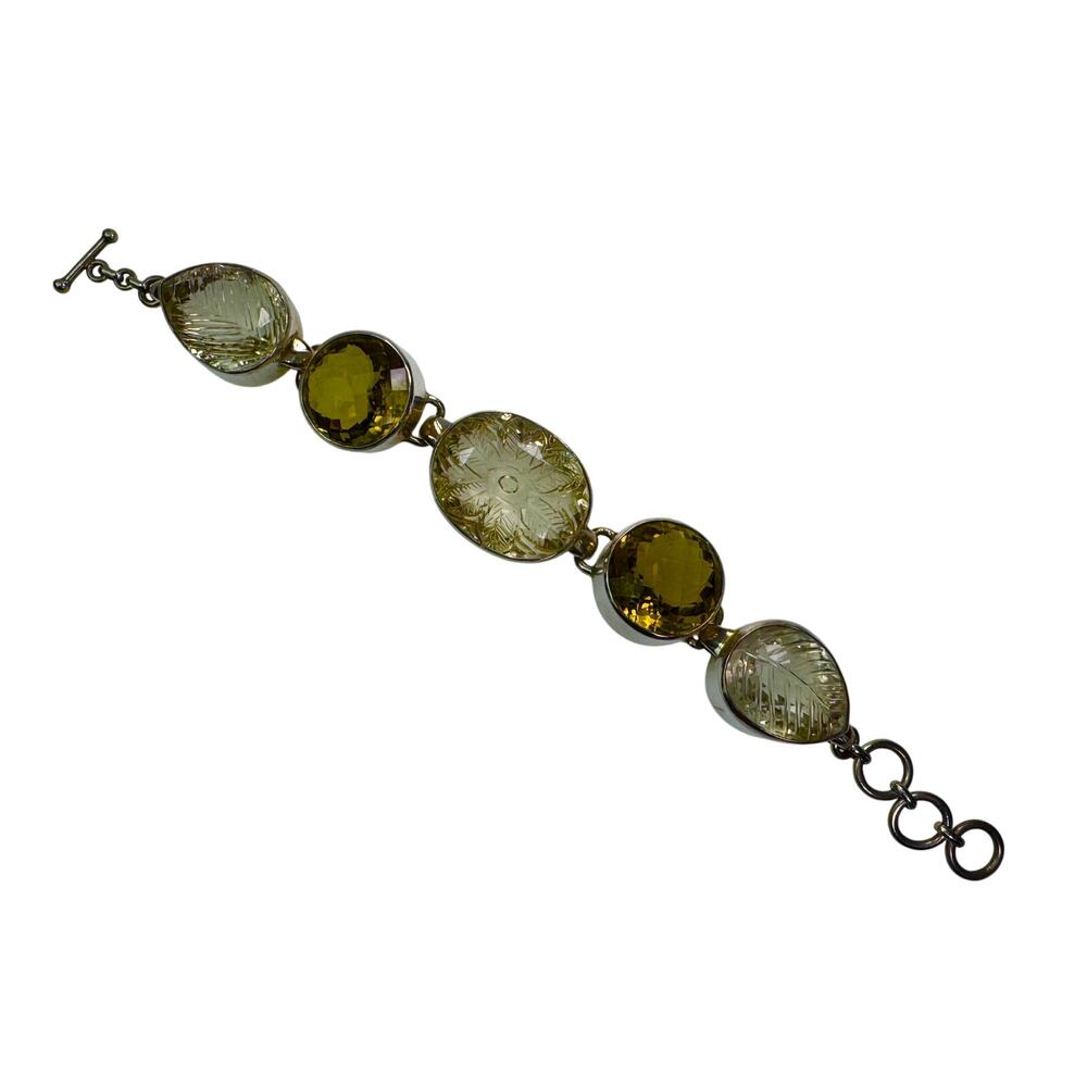 Carved Quartz Chunky Bracelet  Faceted Lemon Citrine Sterling Silver Bracelet